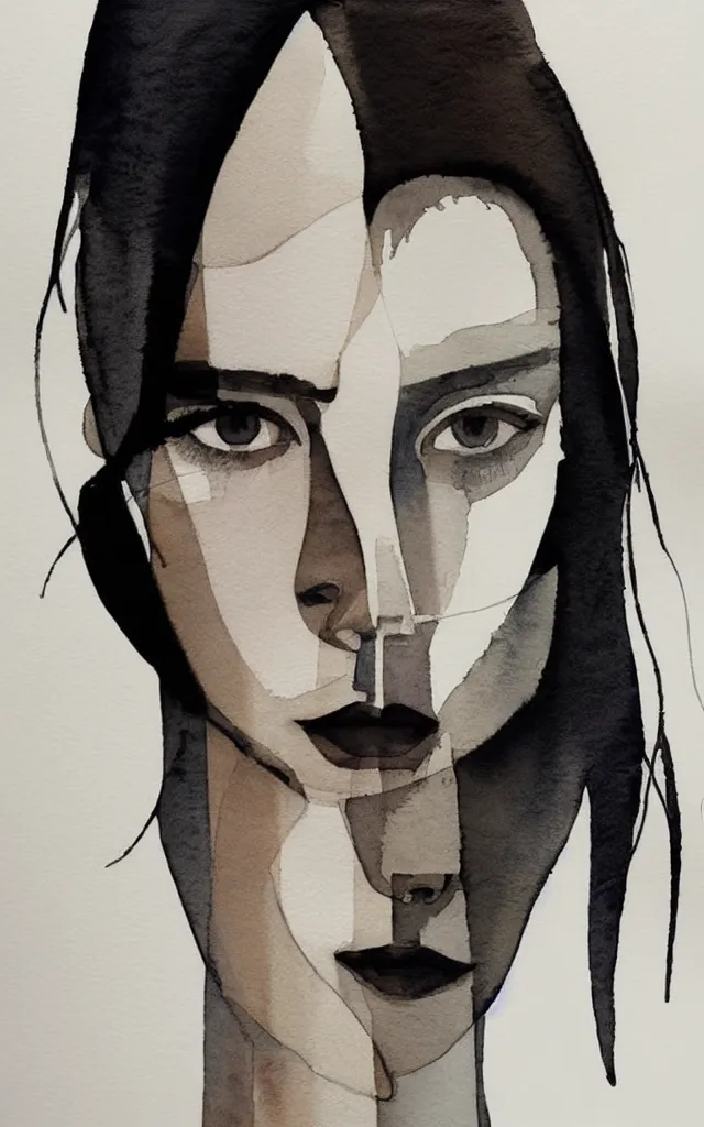 Image similar to beautiful face woman, symmetrical, grey, colorless and silent, watercolor portraits by Luke Rueda Studios and David downton