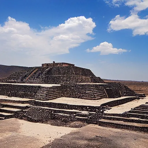 Image similar to ruins of a mesoamerican aztec city in a desert, diamond structures and floating ruins