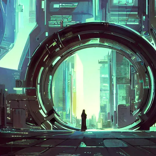 Image similar to derelict portal in a middle of a futuristic cityscape, world seen only through a portal, daylight, cinematic perspective, cinematic lighting, blue sky, syd mead, john harris