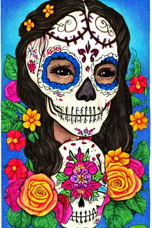 Image similar to Illustration of a sugar skull day of the dead girl, art by richard doyle