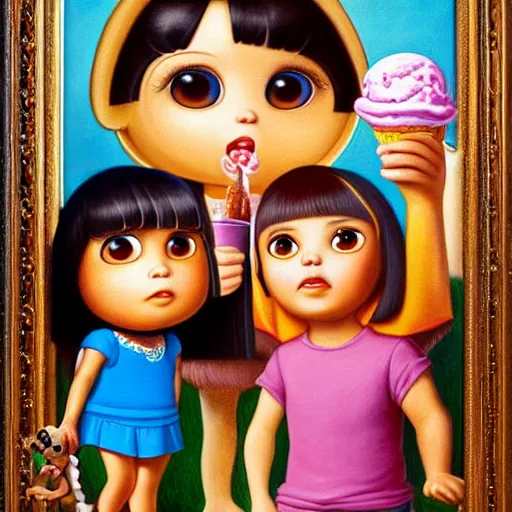 Image similar to dora the explorer as real girl holding ice cream, in lowbrow style, Pop Surrealism oil painting by Mark Ryden and Todd Schorr