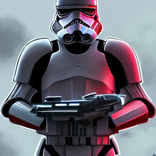 Image similar to super soldier, symmetrical portrait scifi, power armor storm trooper red and black detailed matte painting hyperdetailed trending on artstation moebius photorealism retrofuturism # film 8 k resolution back lit