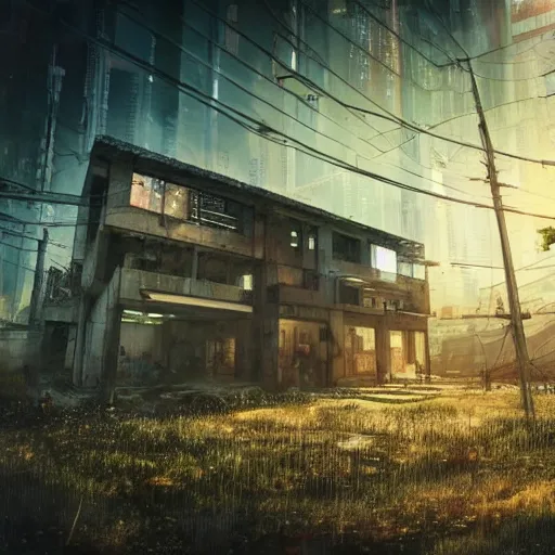 Image similar to dystopian cyberpunk house overlooking a beautiful countryside. Award winning photo