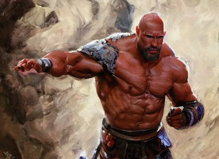 Image similar to a highly detailed beautiful portrait of dwayne johnson as kratos, by gregory manchess, james gurney, james jean