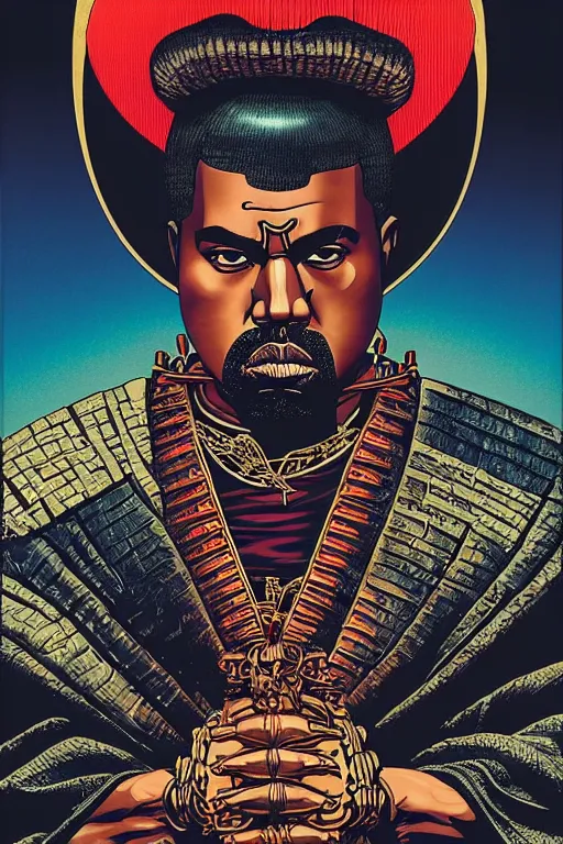 Image similar to poster of kanye west as a samurai, by yoichi hatakenaka, masamune shirow, josan gonzales and dan mumford, ayami kojima, takato yamamoto, barclay shaw, karol bak, yukito kishiro, highly detailed