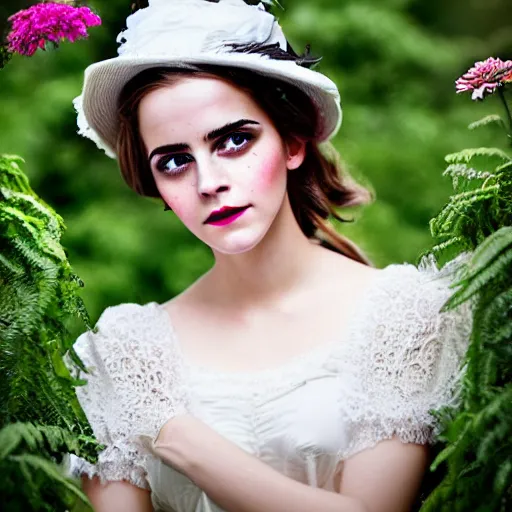 Image similar to big eyes full body fashion model emma watson smokey eyes makeup eye shadow textured film grain fantasy, glow, shimmer as victorian woman in a long white frilly lace dress and a large white hat having tea in a sunroom filled with flowers, roses and lush fern flowers ,intricate, night, highly detailed, dramatic lighting , high quality