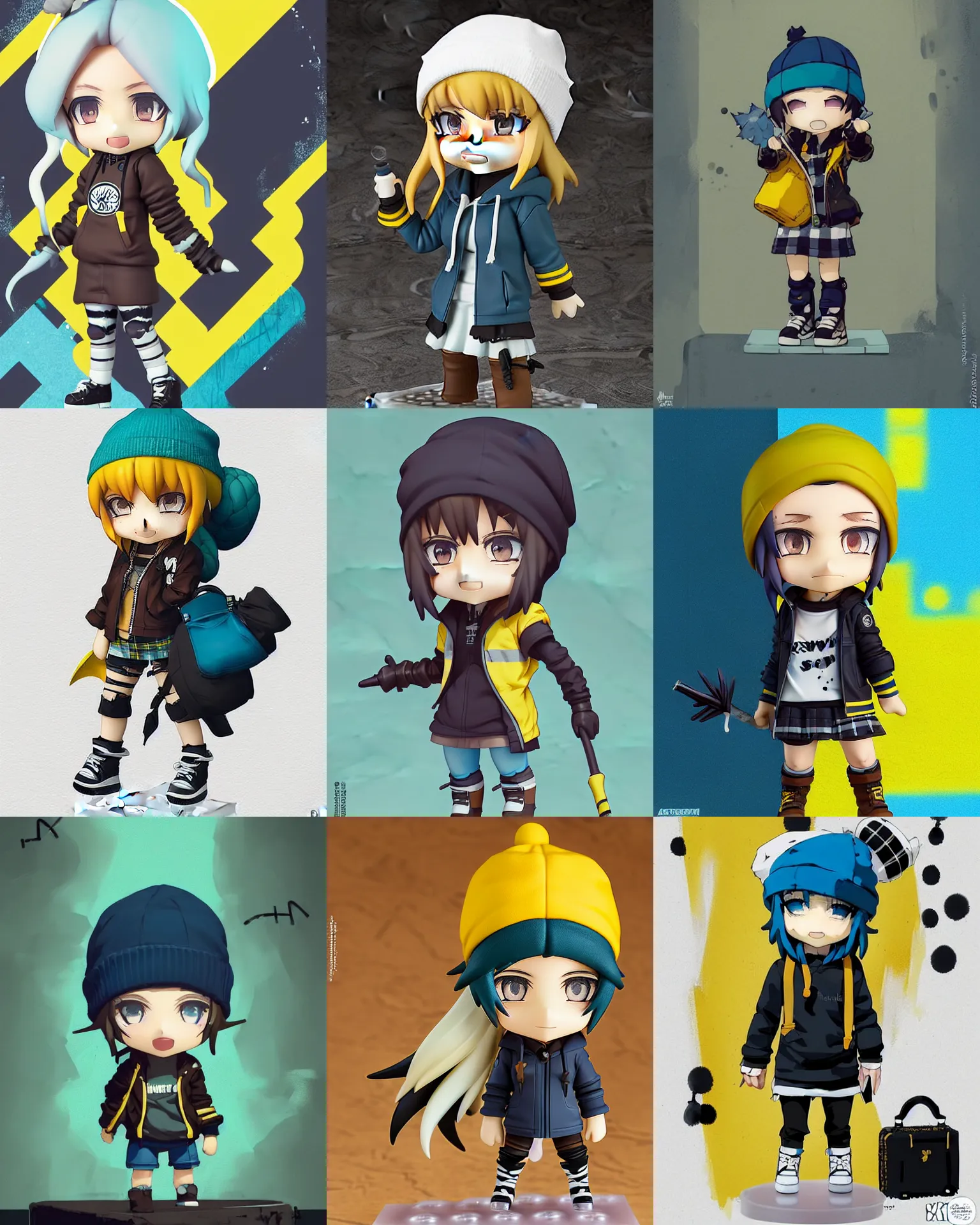 Prompt: nendoroid of a sewer punk lady student, beanie, tartan hoodie, blue eyes, frosty white hair by atey ghailan, by greg rutkowski, by greg tocchini, by james gilleard, by joe fenton, by kaethe butcher, gradient, yellow, black, brown and cyan color scheme, grunge aesthetic!!! white graffiti tag wall background