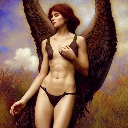 Prompt: epic masterpiece full body portrait a beautiful female angel, flawless skin, perfect body, by Edgar Maxence and Ross Tran and Michael Whelan