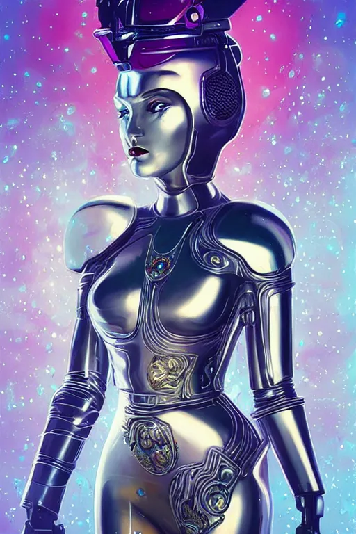 Prompt: retro-futuristic portrait of a beautiful female android wearing chrome armour, underwater, ornate background, ornate pattern, glowing eyes, evil expression, high details, intricate details, renaissance style, painting by vincent di fate, artgerm julie bell beeple, 80s, Smooth gradients, High contrast, depth of field, very coherent symmetrical artwork