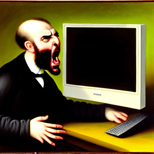 Image similar to an angry man yells at his computer monitor, oil on canvas, 1 8 8 3, highly detailed