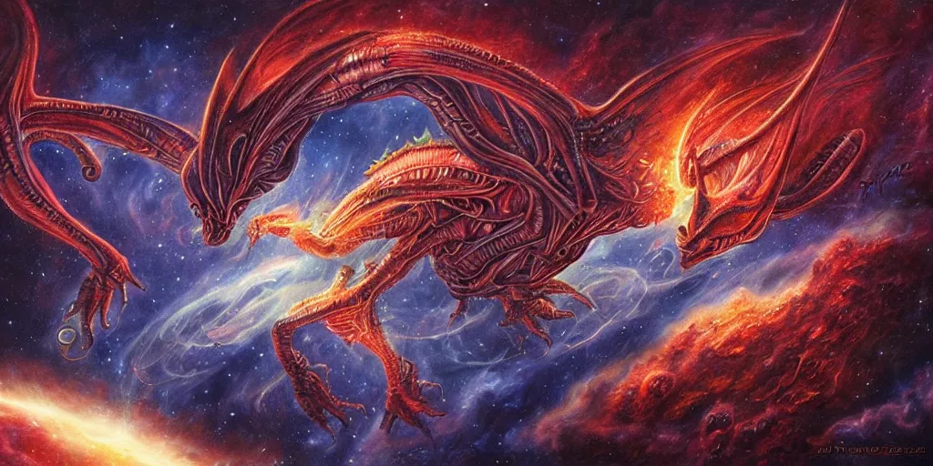 Prompt: alien dragon flying through outer space, epic nebula, dan seagrave art