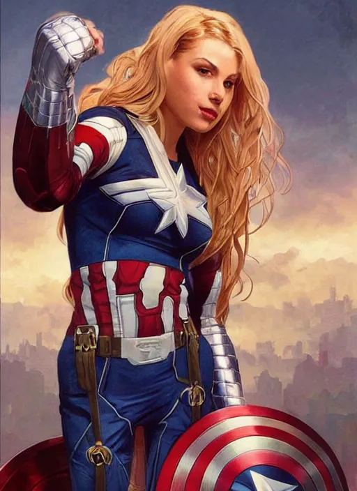 Image similar to toned young april with a mischievous face and extremely long blonde wavy hair dressed as superhero in her early 2 0 s, posing with hands behind back, captain america, tight fit, curvaceous, intricate detailed face, shiny, artgerm, greg rutkowski, alphonse mucha