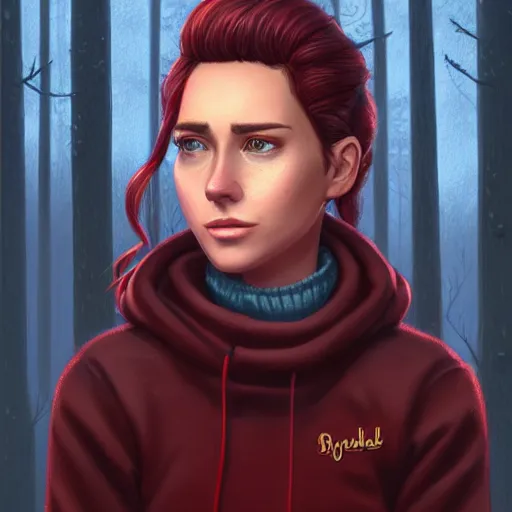 Prompt: an insanely detailed realistic depiction of beautiful jodi from stardew valley standing in the rainy forest wearing burgundy sweater under blue denim jacket, auburn hair, pretty brown eyes, french braid, in the style of peter mohrbacher, artgerm, dramatic lighting and composition, octane render, trending on artstation, concept art 8 k