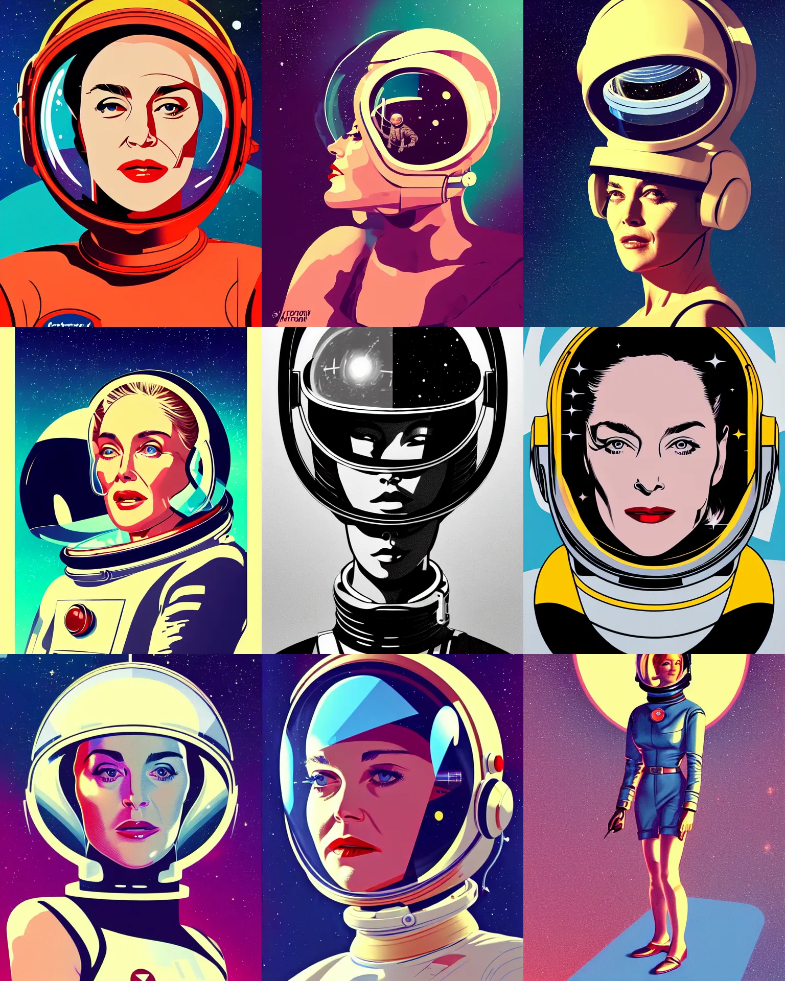 Prompt: sharon stone 2 6 years old astronaut, retro space helmet, forbidden planet 1 9 5 6, retro futurism 1 9 5 0 s, half portrait by stanley artgerm, dramatic lighting, ilya kuvshinov, trending on artstation, flat colour, geometric curves, gradient filter, pleasing tone colours, space walk