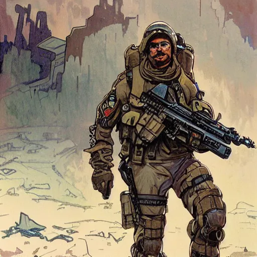 Image similar to Hector. USN special forces recon operator in near future gear, cybernetic enhancement, on patrol in the Australian neutral zone, deserted city landscape. 2087. Concept art by James Gurney and Alphonso Mucha