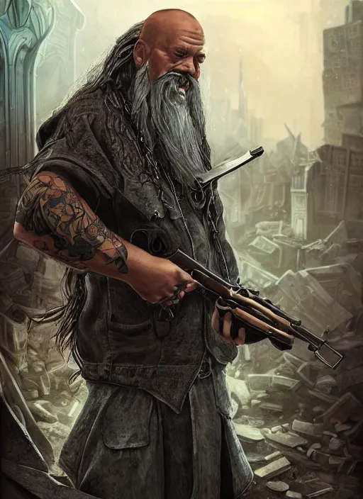 Prompt: portrait of a wizard holding a gun, the wizard has a half shaved head and tattoos, the wizard holding a pistol points downwards, the wizard holding a pistol is only one and stands in a ruined city. by Ciryl Rolando, hyperrealistic illustration, digital art, studio lightning, very detailed faces