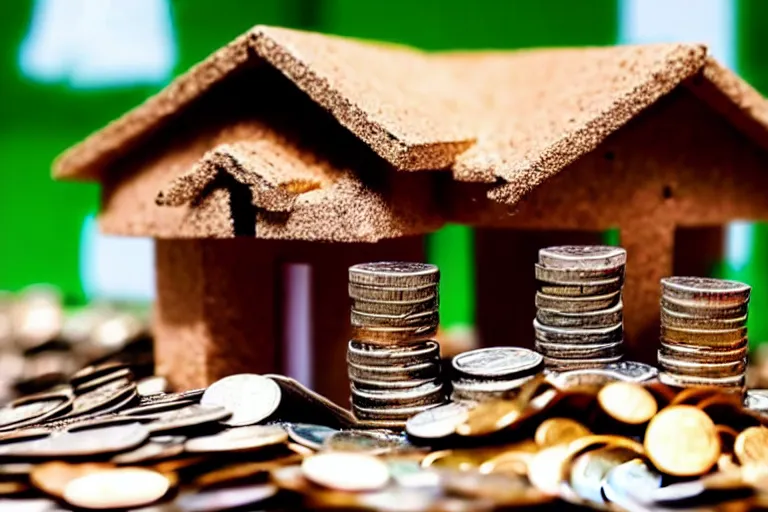 Image similar to a house, under construction, made of money, with piles of coins around it