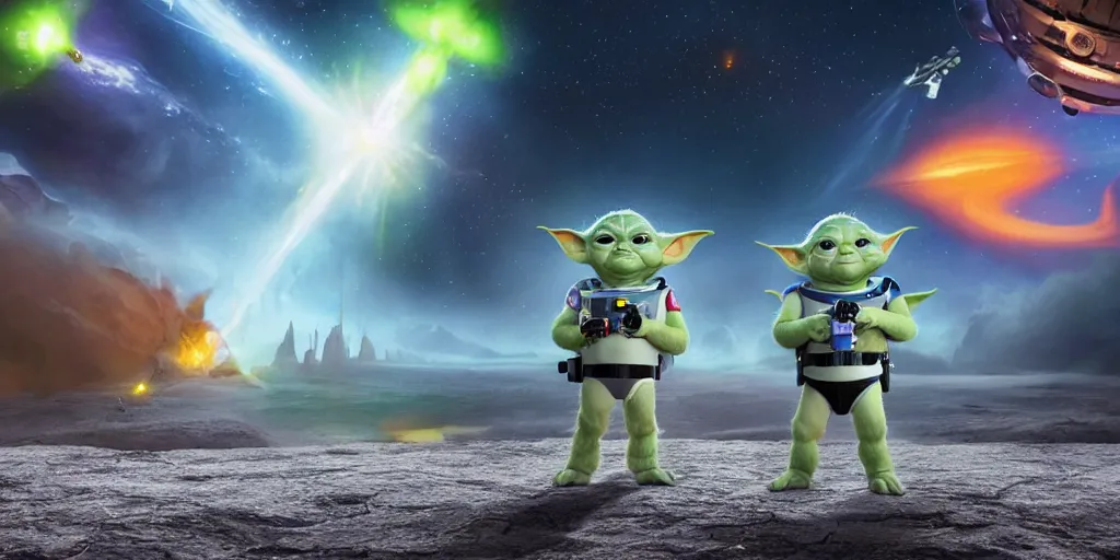 Image similar to a 3 d rendered movie still, wide - angle shot, 1 0 0 meter in the distance, baby yoda wearing a spacesuit, and exploring cosmos in a super awesome space ship. dramatic lighting, imax, 7 0 mm. science fiction blockbuster movie, buzz lightyear.
