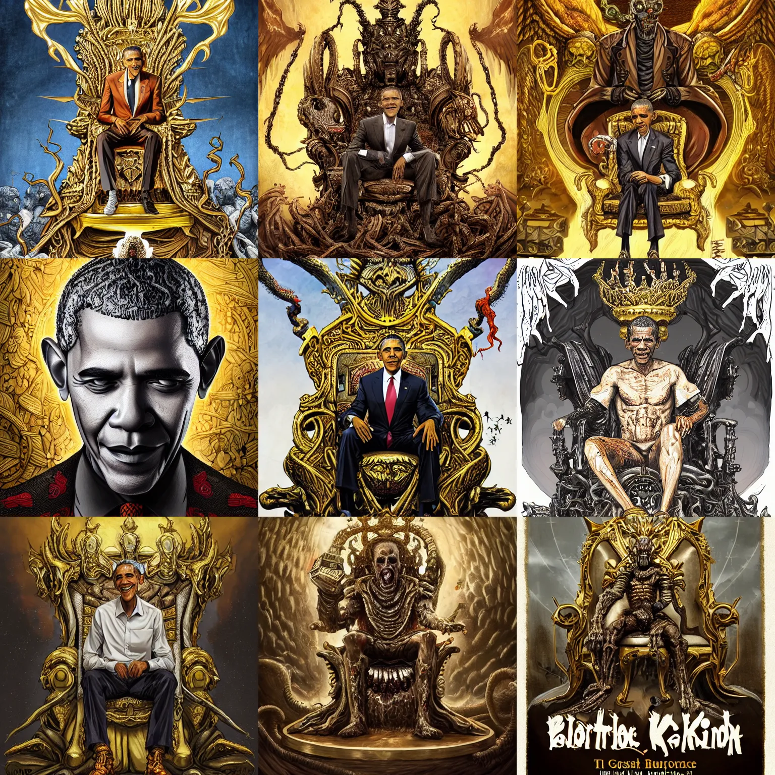 Prompt: grotesque intricate detailed concept art portrait of Barack Obama king sitting on his golden throne, white MQ-1 Predator Drone flying overhead, zombification lovecraftian anime book cover