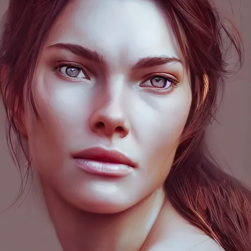 Image similar to a very beautiful and pretty woman with muscles, digital art, photorealistic, unreal engine, 8 k resolution, artstation, beautiful face, pretty face, very detailed eyes, by wlop, greg rutkowski, simon bosley