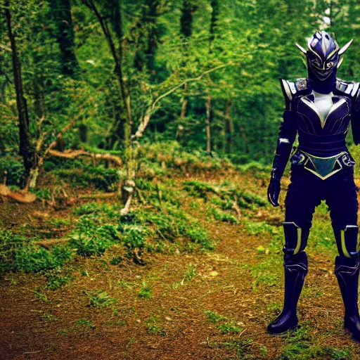 Image similar to High Fantasy Kamen Rider, glowing eyes, 4k, forest plains of north yorkshire, daytime, chainmail rubber undersuit, segmented armor, dark blue armor with green secondary color, tokusatsu