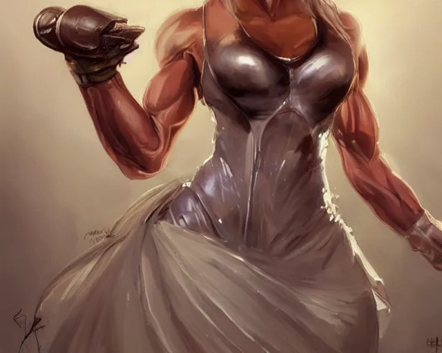 Image similar to portrait of samus aran as a very attractive female bodybuilder wearing wedding dress, elegant, fantasy, hd shot, digital portrait, beautiful, artstation, comic style, by artgerm, guy denning, jakub rozalski, magali villeneuve and charlie bowater