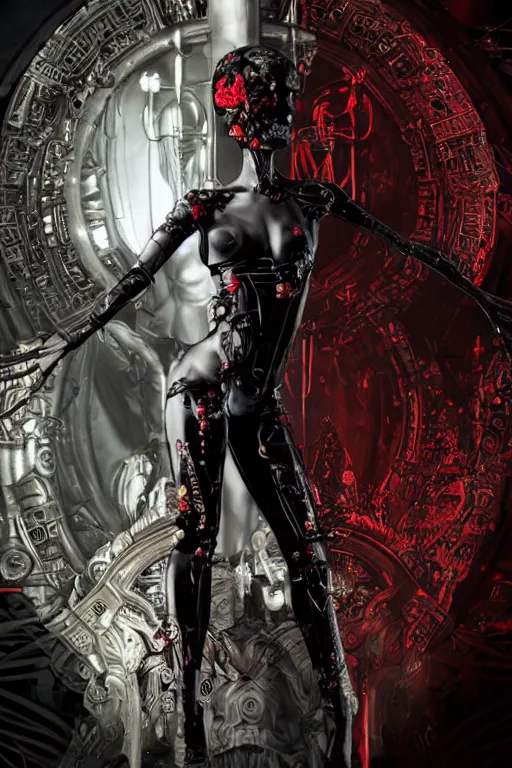 Prompt: full-body cyberpunk style sculpture of a young beautiful dark priestess, half android with a head opening exposing circuitry, glowing red eyes, black roses, flowing blood red colored silk fabric. baroque elements, candles, human skull, crows flying in background. full-length view. baroque element. intricate artwork by Caravaggio. Trending on artstation, octane render, cinematic lighting from the right, hyper realism, octane render, 8k, depth of field, 3D