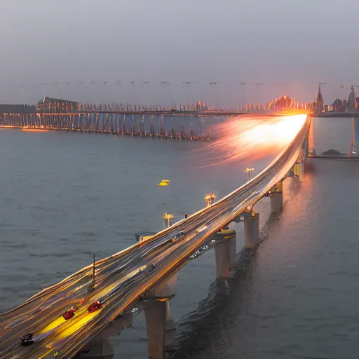 Image similar to Crimean bridge explosions, dslr, photojournalism, award winning photo, shot on Leica, copyright by New York Times, volumetric lighting