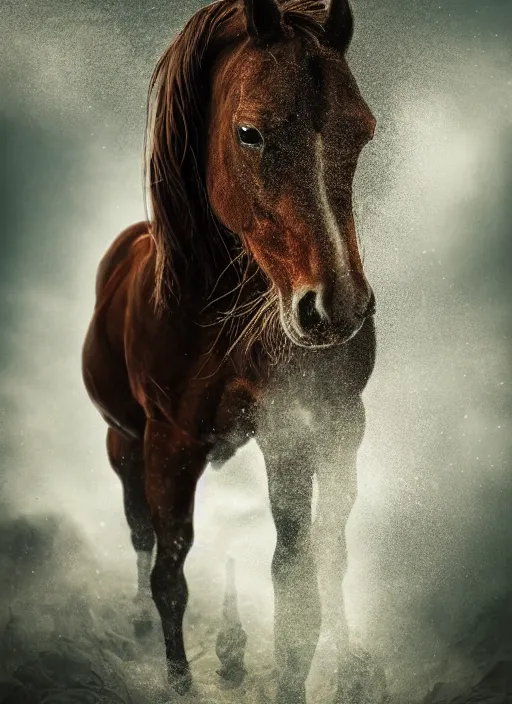 Image similar to cinematic shot epic portraits, hyper realistic, mood lighting, fantasy, detailed horse, highly detailed, super realistic, perfect lighting pixel sorting, style sheet