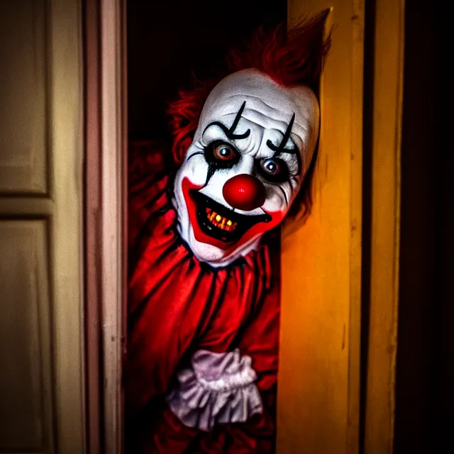 Image similar to creepy clown in a house at night, highly detailed, 8 k, hdr, smooth, sharp focus, high resolution, award - winning photo