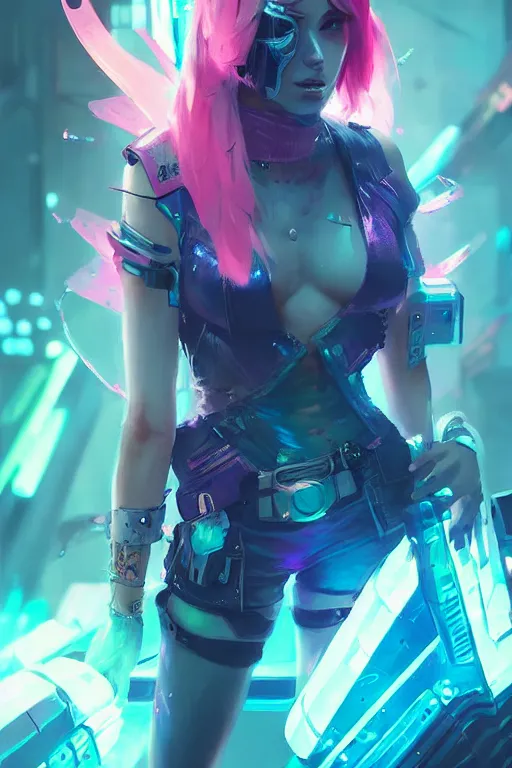 Image similar to vi from league of legends, cyberpunk futuristic neon. decorated with traditional japanese ornaments by ismail inceoglu dragan bibin hans thoma greg rutkowski alexandros pyromallis nekro rene maritte illustrated, perfect face, fine details, realistic shaded, fine - face, pretty face