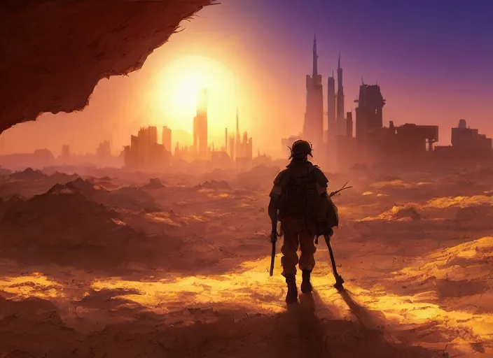 Prompt: detailed concept art background studio ghibli, soldier roaming through desert with city in the skyline, two suns, purple orange colors, sharp focus, illustration, highly detailed, digital painting, concept art, matte, art by wlop and artgerm and greg rutkowski, masterpiece