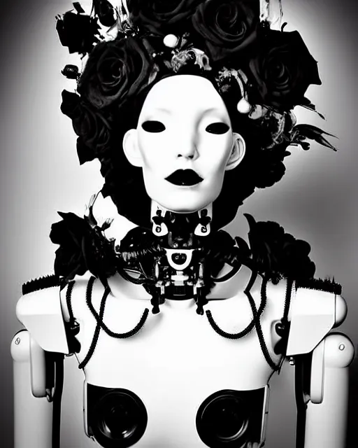 Image similar to dreamy surreal poetic black and white photo of a beautiful young bio-mechanical-female-cyborg-plastic-robot with a very long neck and a super big gothic lace collar and a very high big floral crown with many black dry roses by Vivienne Westwood:: smoke, high fashion, haute couture, rococo, avant-garde, elegant, dreamy, hyper realistic, 150 mm lens, soft rim light, octane render, unreal engine, picture was taken in 1910 by Dora Maar, volumetric lighting, dramatic light,8k,