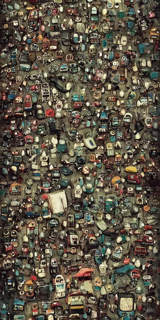 Prompt: a mobile phone junkyard scene by alexander jansson and where's waldo