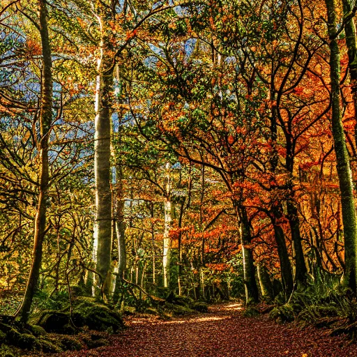 Image similar to autumnal british woodland scene, 3d, cgi, vector graphics, undulating terrain, blue sky visible through the canopy, leaves on the ground, autumnal colours