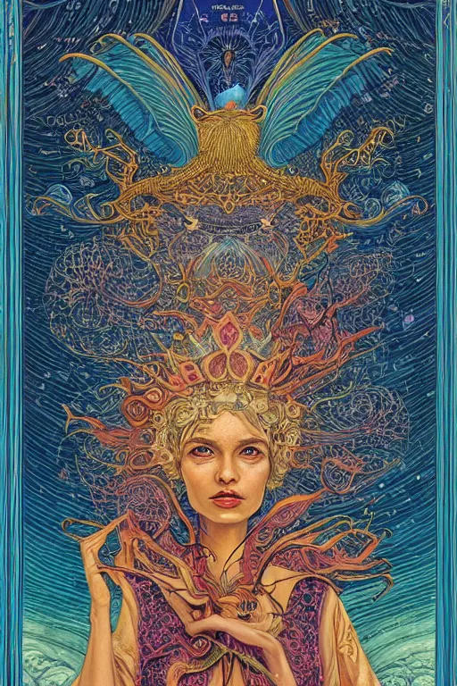 Prompt: beautiful tarot card of the queen of dreams by carol bak and jacek yerka and dan mumford and victo ngai, oil on canvas, intricate border, symmetrical, 8k highly professionally detailed, HDR, CGsociety