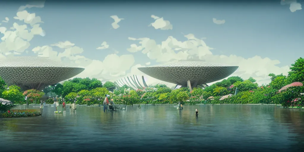 Image similar to expo 6 7 pavillion, solarpunk, studio ghibli, jean - baptiste monge, octane render, 4 k, symmetry