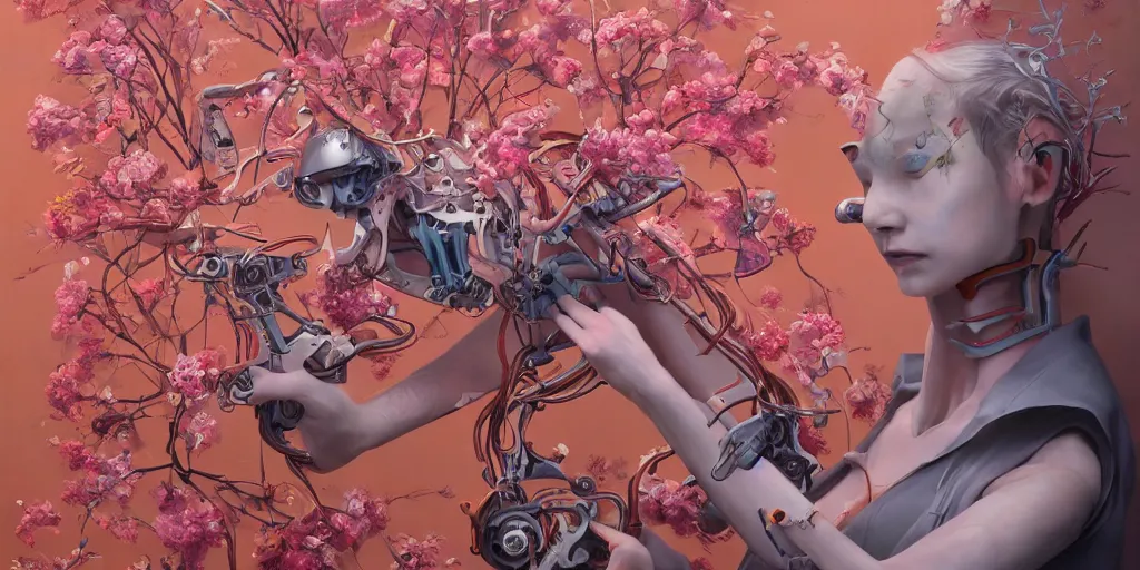 Image similar to hyperrealistic photography of a slender cyborg crafting a machine that breeds orange and pink flowers in the style of Jin Kagetsu, James Jean and wlop, highly detailed, masterpiece, award-winning, sharp focus, intricate concept art, ambient lighting, 8k, artstation