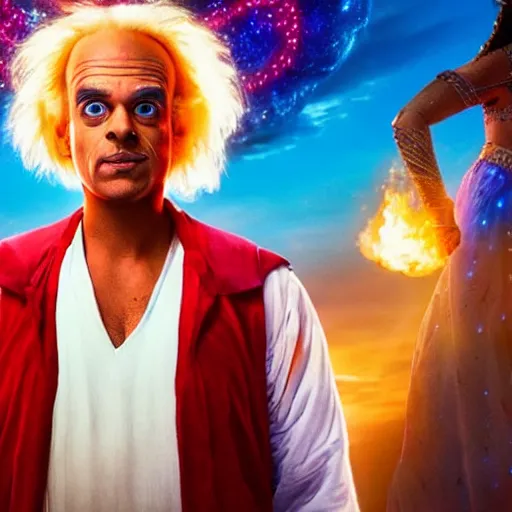 Prompt: doc brown as genie in the movie aladdin, movie still 8 k hdr atmospheric lighting