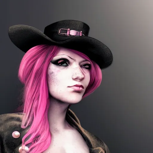 Image similar to a portrait of a steampunk woman with pink hair, digital art, hyperrealistic