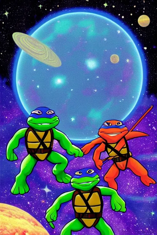 Prompt: the ninja turtles floating in deep space with a beautiful galaxy behind them