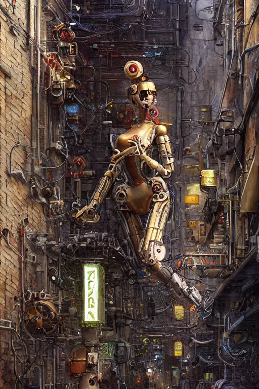 Image similar to a highly detailed retro futuristic female android with gears and other mechanical parts made out of pasta standing in a dank alleyway from blade runner, a robot made out of pasta, painting by Marc Simonetti and Julie Bell