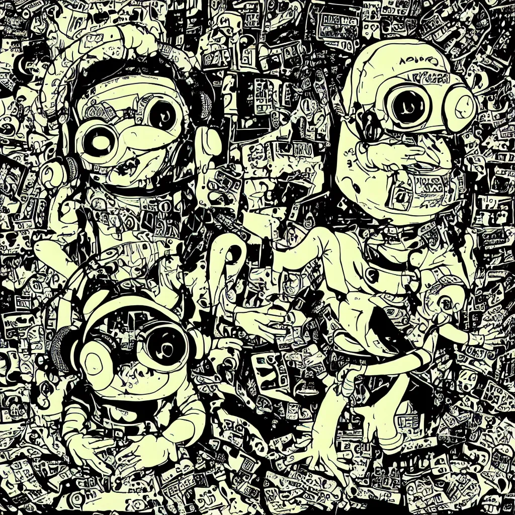 Image similar to a toad wearing headphones, ryuta ueda artwork, breakcore, style of jet set radio, y 2 k, gloom, space, cel - shaded art style, record store, data, minimal, code, cybernetic, dark, eerie, cyber