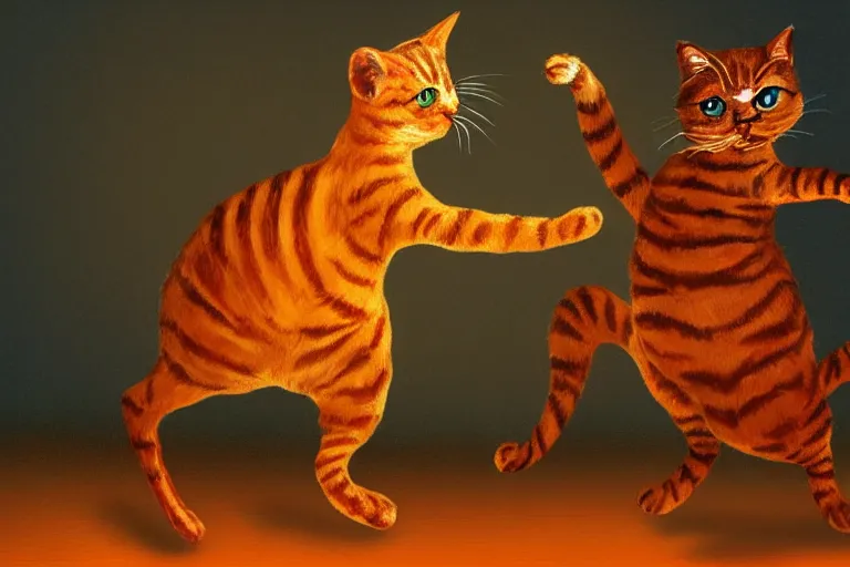 Prompt: a high detail paint of Two cats dancing around flaming earthenware, in simple background, concept art, mad painting