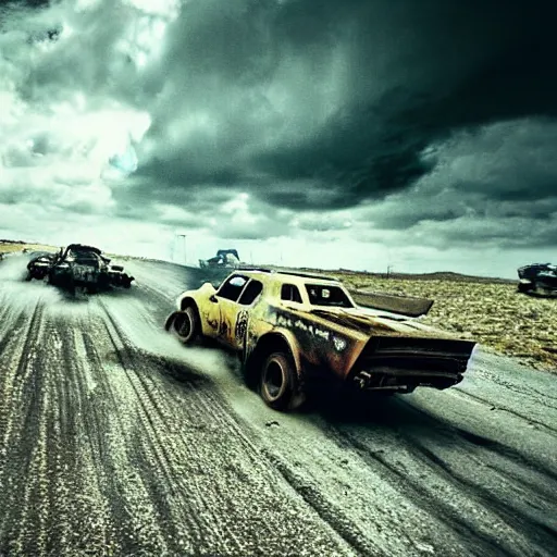 Prompt: a post apocalyptic car chase in the style of mad max, heavily modified cars, low camera angle, truck racing into camera, action photography