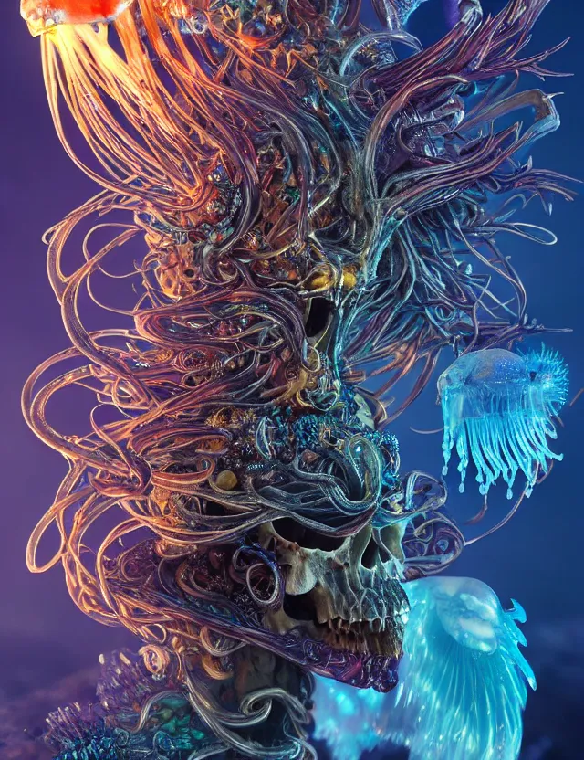 Image similar to witch phoenix macro close - up portrait with crown made of ram skull. phoenix, betta fish, jellyfish, bioluminiscent, plasma, ice, water, wind, creature, super intricate ornaments artwork by tooth wu and wlop and beeple and greg rutkowski