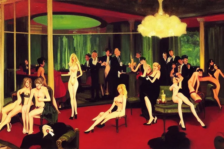 Image similar to party at the playboy mansion, painting by edward hopper and eric fischl and robert mcginnis