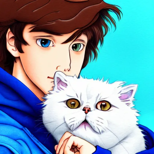 Image similar to teen boy with brown hair and big blue eyes, wearing a hoodie, fluffy white persian cat, natural lighting, path traced, highly detailed, high quality, cartoon, digital painting, by don bluth and ross tran and studio ghibli and alphonse mucha, watercolor