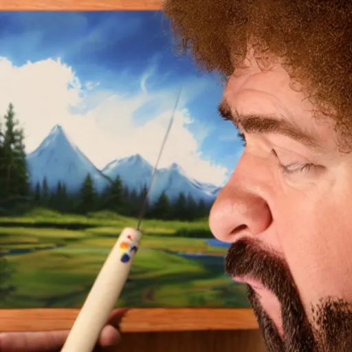 Prompt: a closeup photorealistic photograph of bob ross working on an image of kenny powers autographing a baseball on a canvas. mountains and trees. film still. brightly lit scene. this 4 k hd image is trending on artstation, featured on behance, well - rendered, extra crisp, features intricate detail, epic composition and the style of unreal engine.