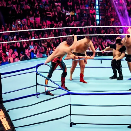 Image similar to stable diffusion versus DALL·E versus Midjourney triple threat match with disco diffusion as a special referee in a wwe wrestling ring